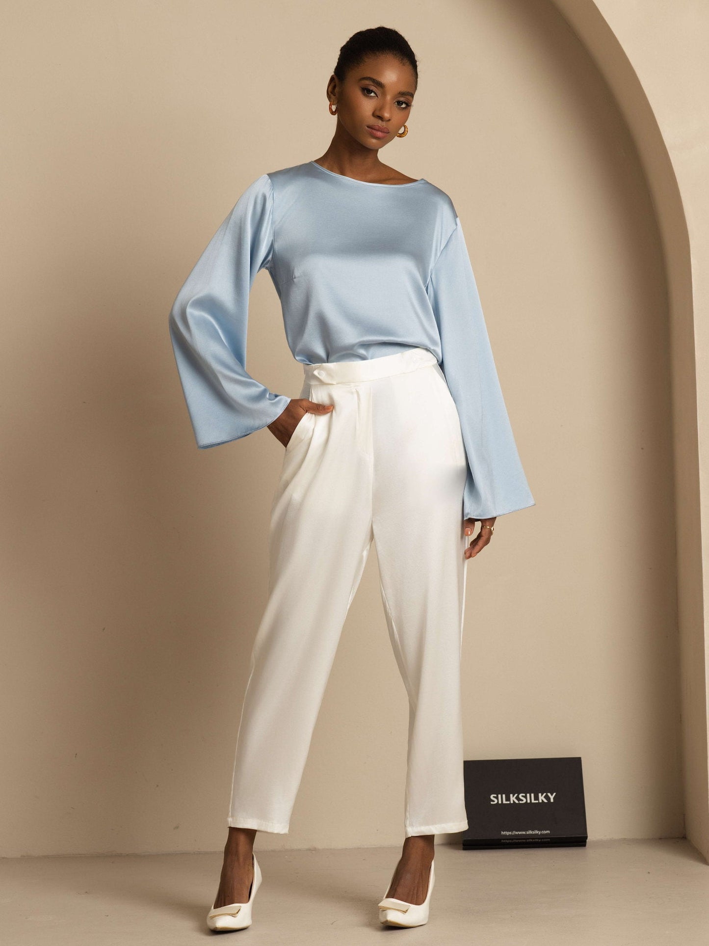Rosstef 19Momme Silk Bell Sleeve Boat Neck Kadın Giyimi