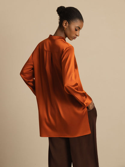 Rosstef 19Momme Silk Flex Stand Collar High-Low Bluse