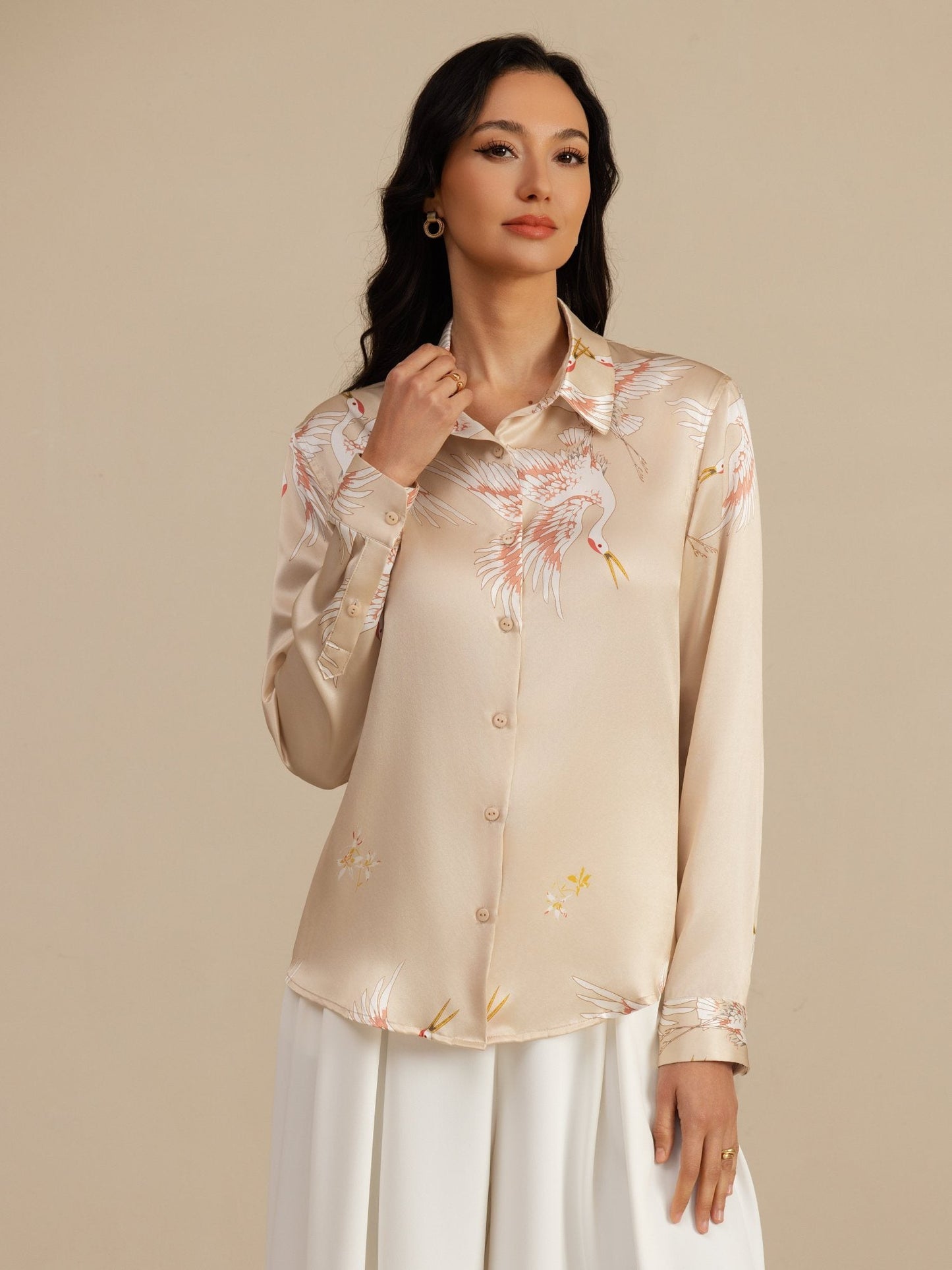 Rosstef 100% Mulberry Silk Long Sleeve Lapel Collar Women's Crane Print Button Blouse