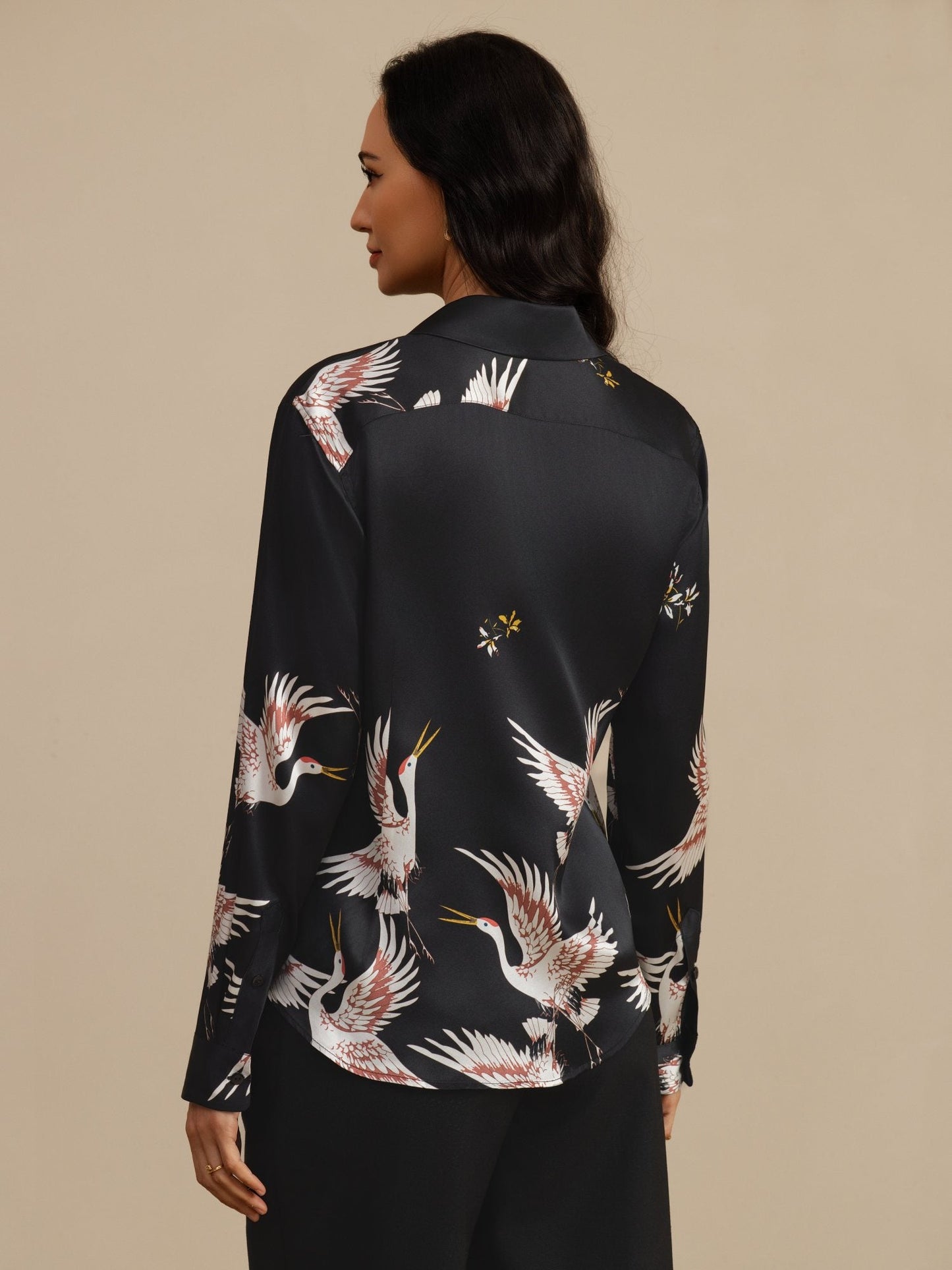 Rosstef 100% Mulberry Silk Long Sleeve Lapel Collar Women's Crane Print Button Blouse