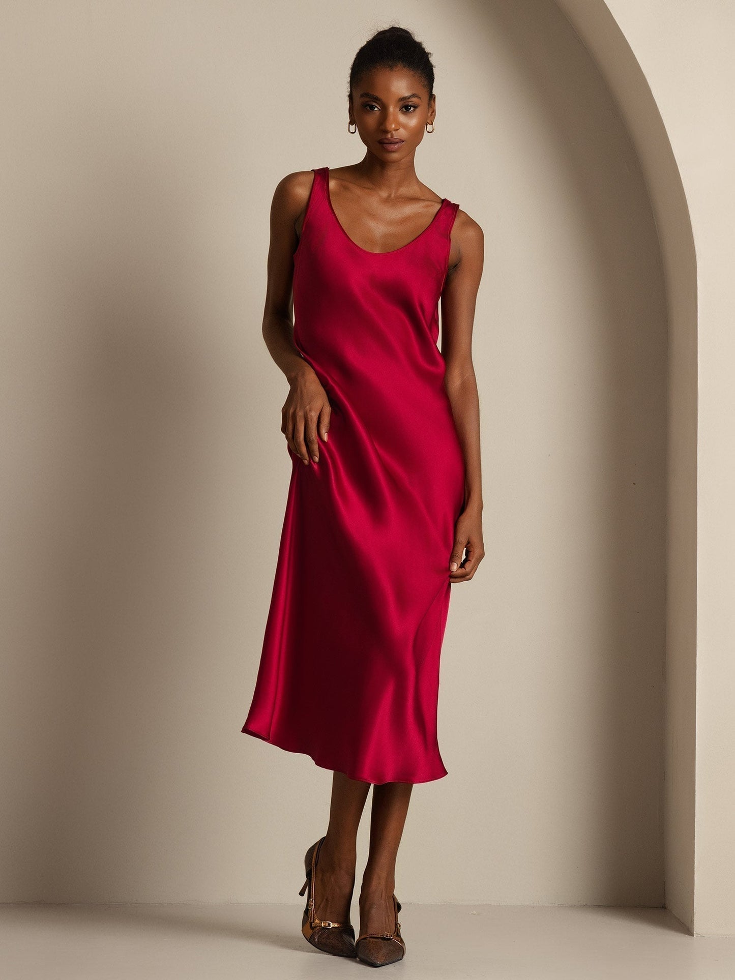 Rosstef 100% Mulberry Silk U Neck Midi Long Dress