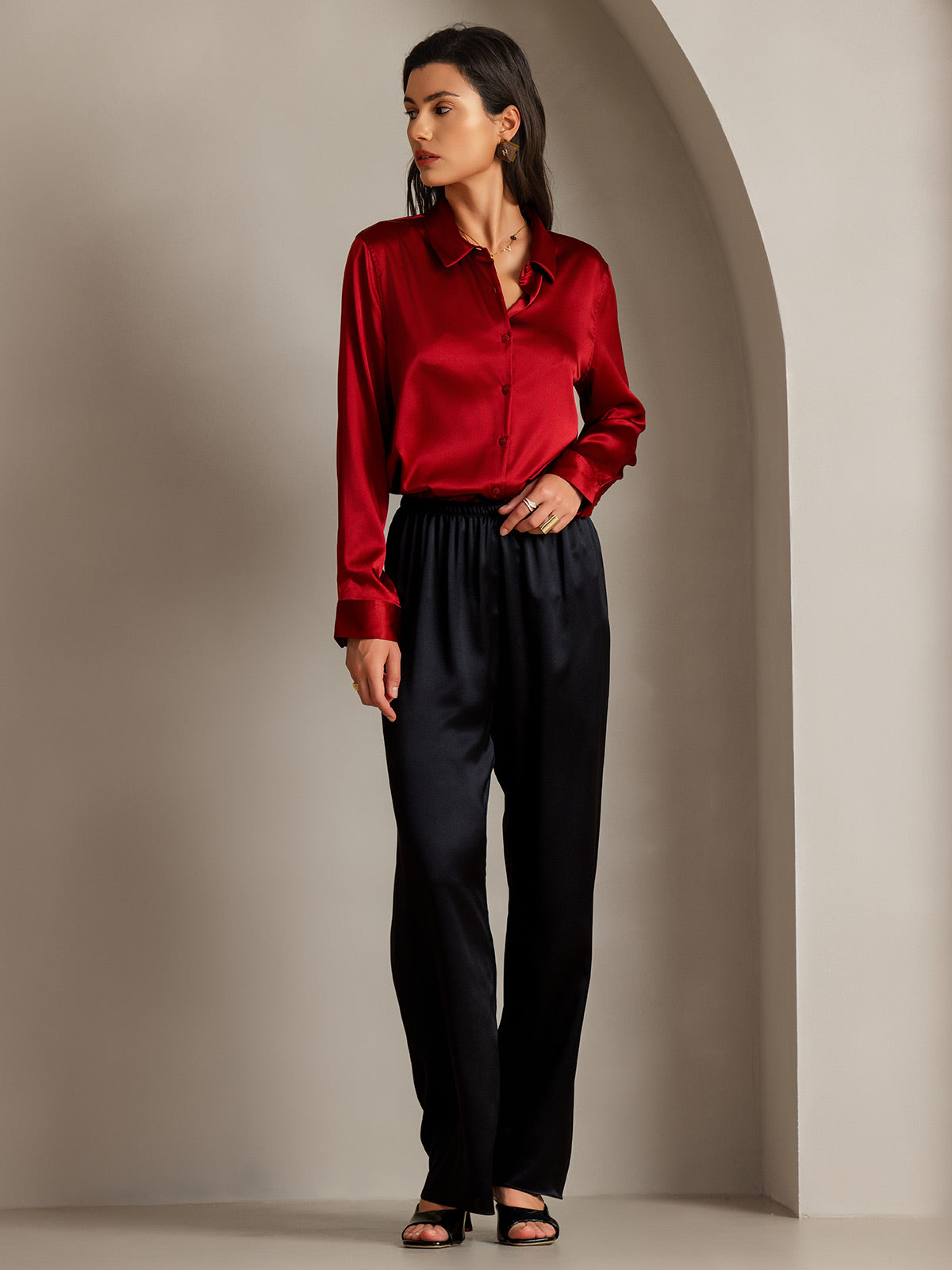 Rosstef 19Momme Sik Long Sleeve Lapel Collar Kadın Günüşü