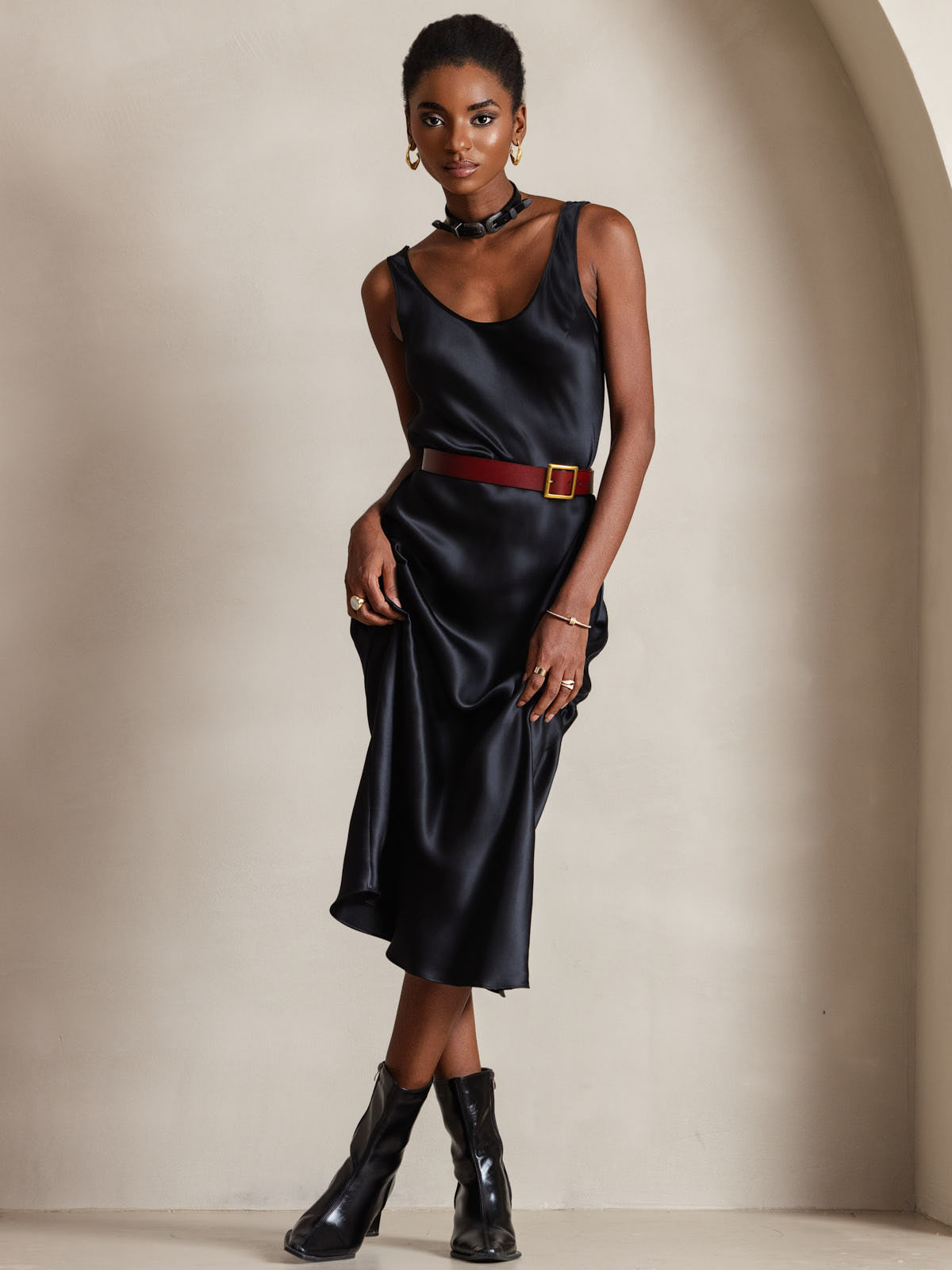 Rosstef 100% Mulberry Silk U Neck Midi Long Dress