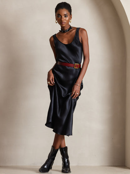 Rosstef 100% Mulberry Silk U Neck Midi Long Dress
