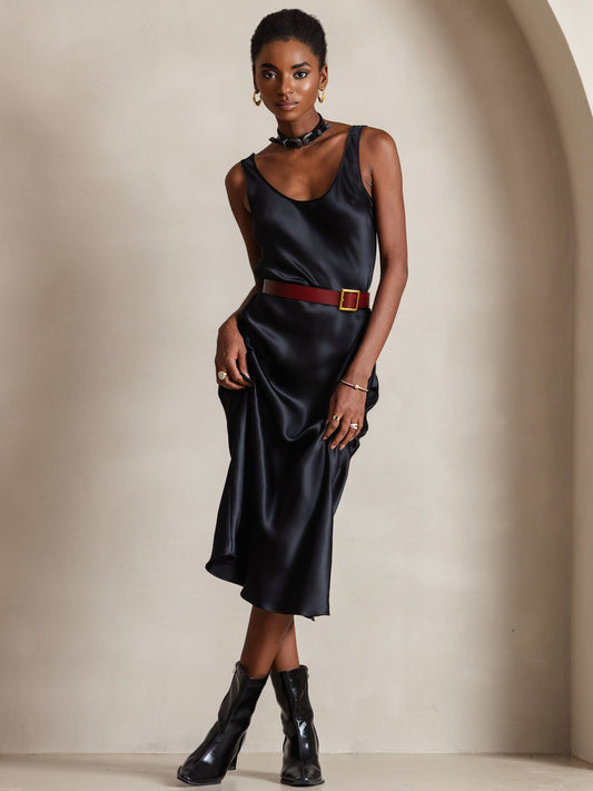 Rosstef 100% Mulberry Silk U Neck Midi Long Dress