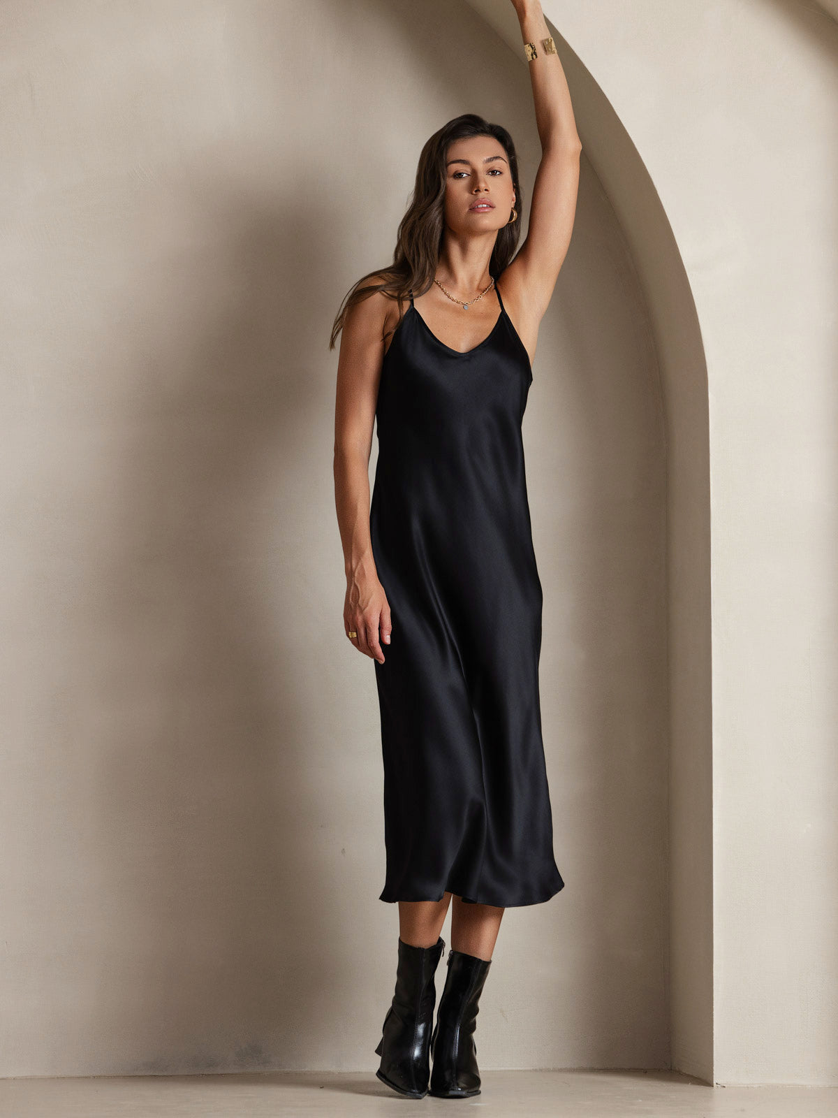 Rosstef 100% Mulberry Silk Spaghetti Strap V Neck Midi Dress