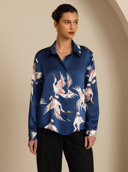 Rosstef 100% Mulberry Silk Long Sleeve Lapel Collar Women's Crane Print Button Blouse