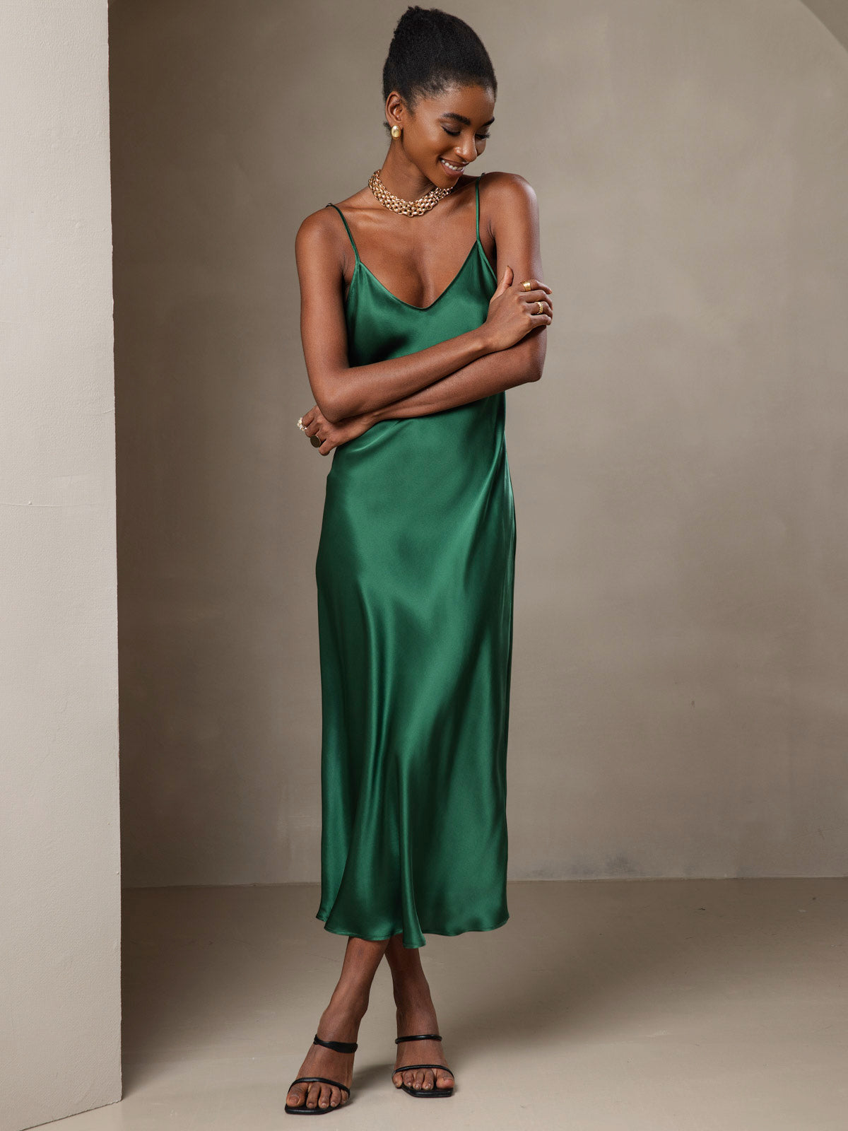 Rosstef 100% Mulberry Silk Spaghetti Strap Midi Long Dress