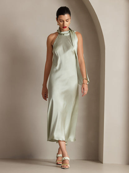 Rosstef 19Momme Silk Sleeveless Tie Neck Midi Dress