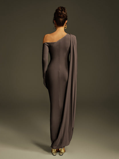 Jehiel One Shoulder Draped Maxi Dress In Brown