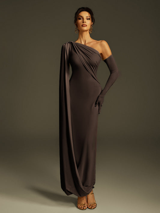 Jehiel One Shoulder Draped Maxi Dress In Brown
