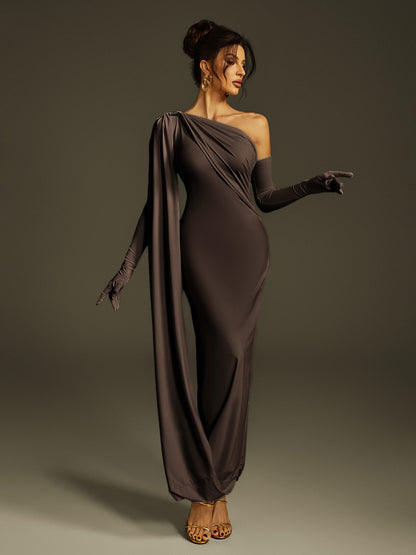 Jehiel One Shoulder Draped Maxi Dress In Brown