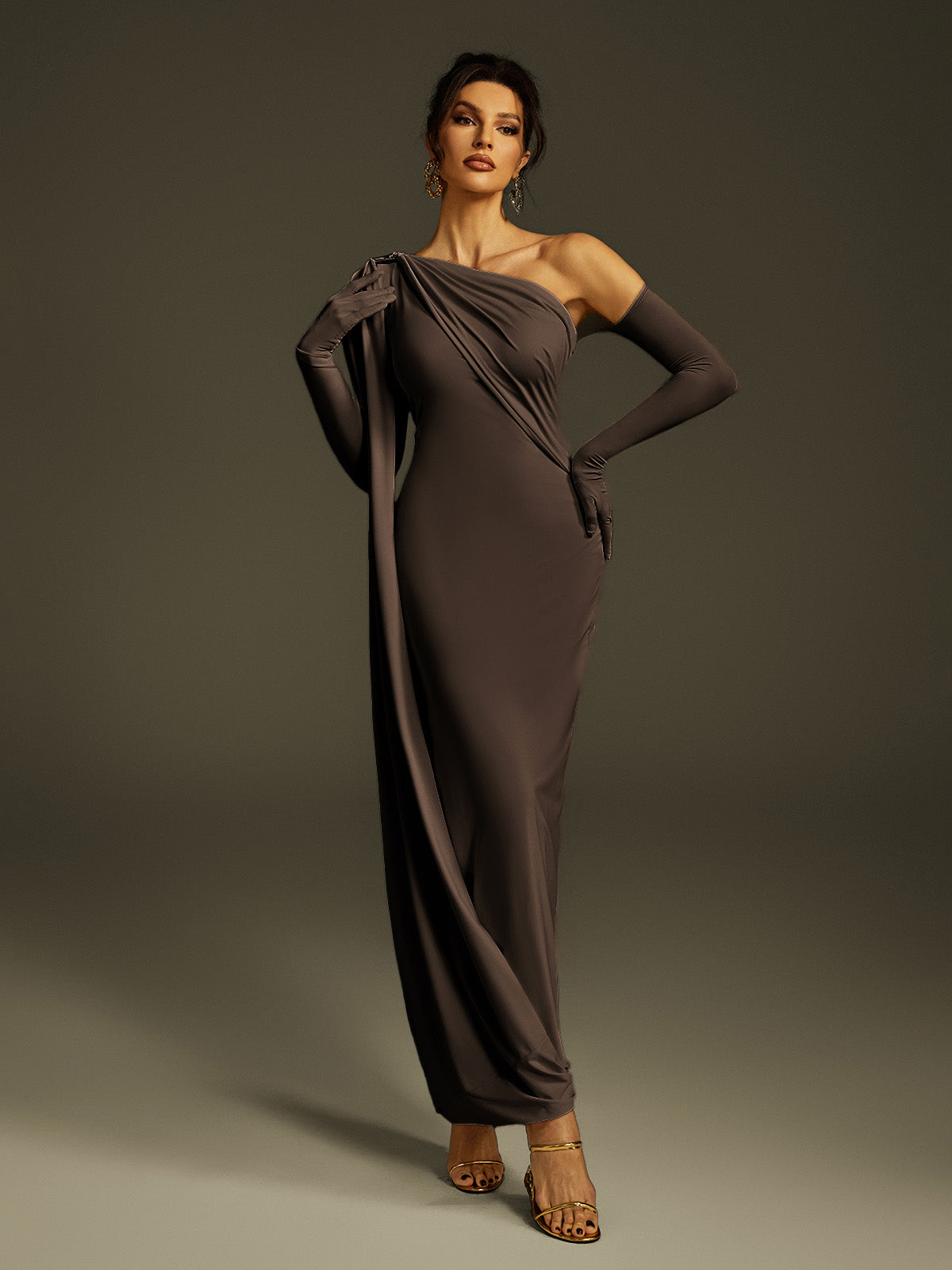 Jehiel One Shoulder Draped Maxi Dress In Brown