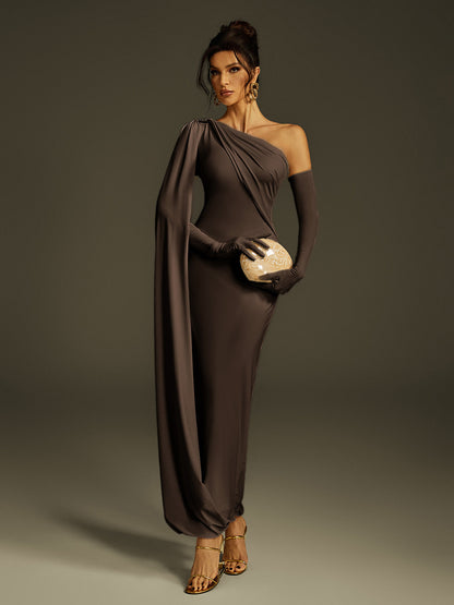 Jehiel One Shoulder Draped Maxi Dress In Brown