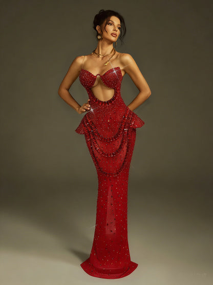 Arygon Strapless Cutout Crystal Maxi Dress In Red