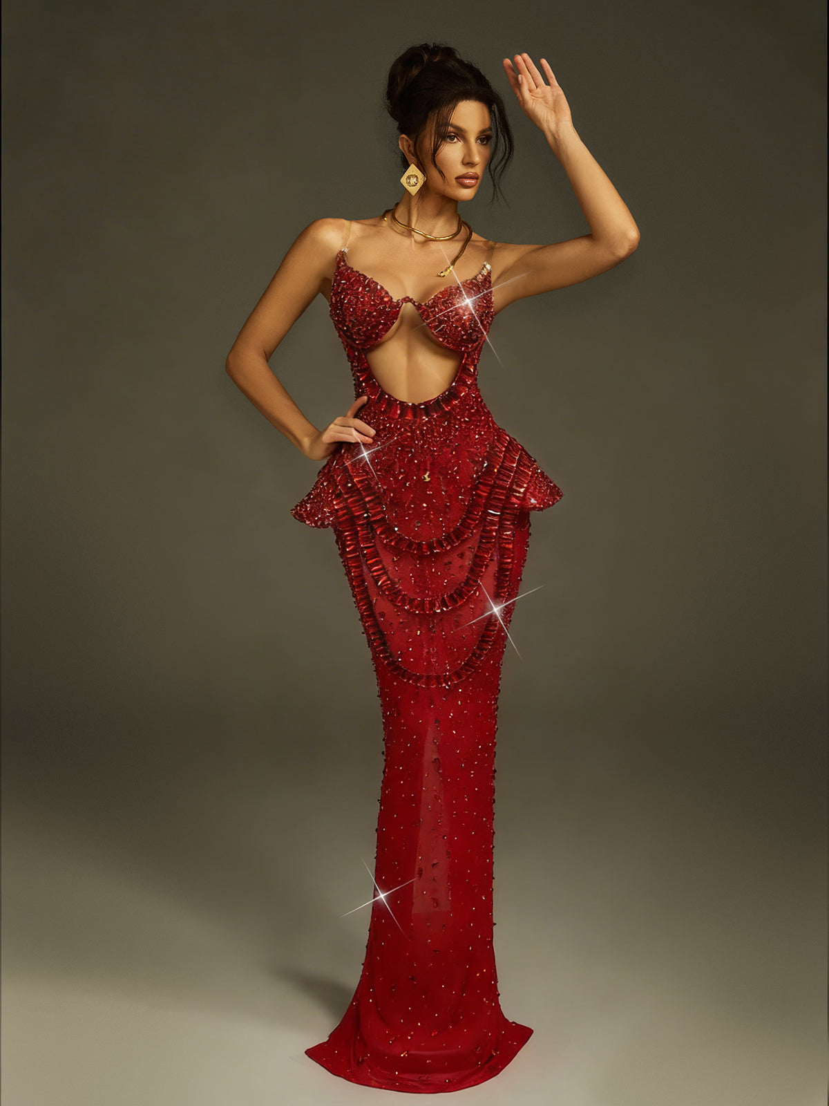 Arygon Strapless Cutout Crystal Maxi Dress In Red