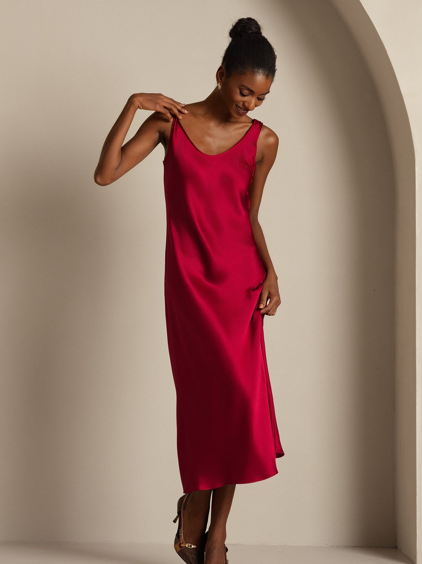 Rosstef 100% Mulberry Silk U Neck Midi Long Dress