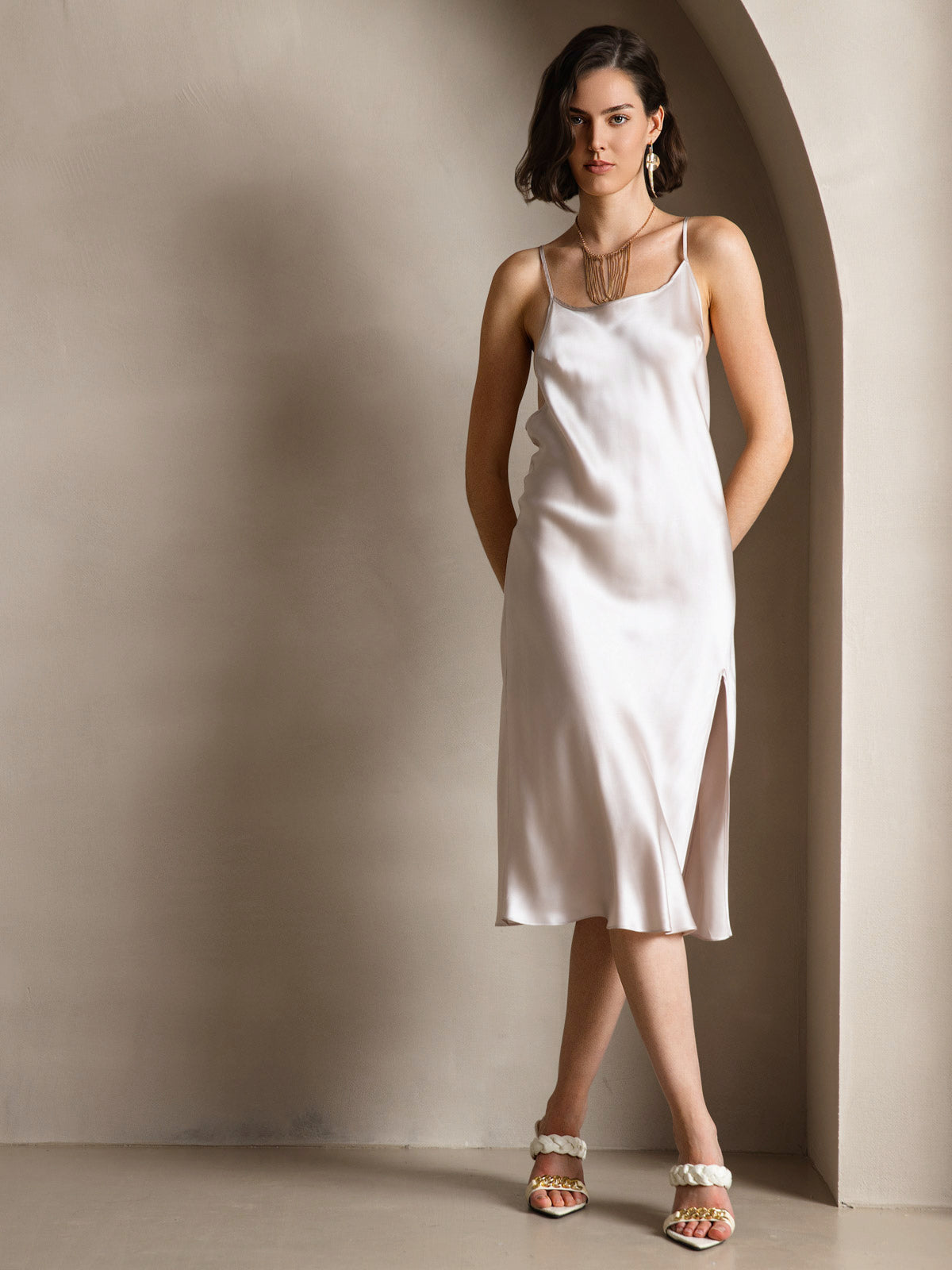 Rosstef Pure Silk Midi Dress with Criss Cross V-Back