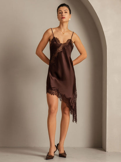 Rosstef 100% Mulberry Silk V Neck Asymmetrical Hem Slip Short Dress with Lace Design