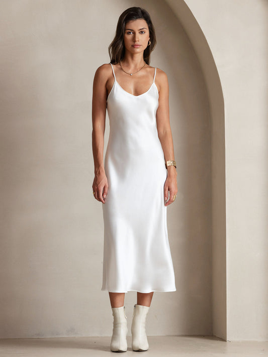 Rosstef 100% Mulberry Silk Spaghetti Strap V Neck Midi Dress