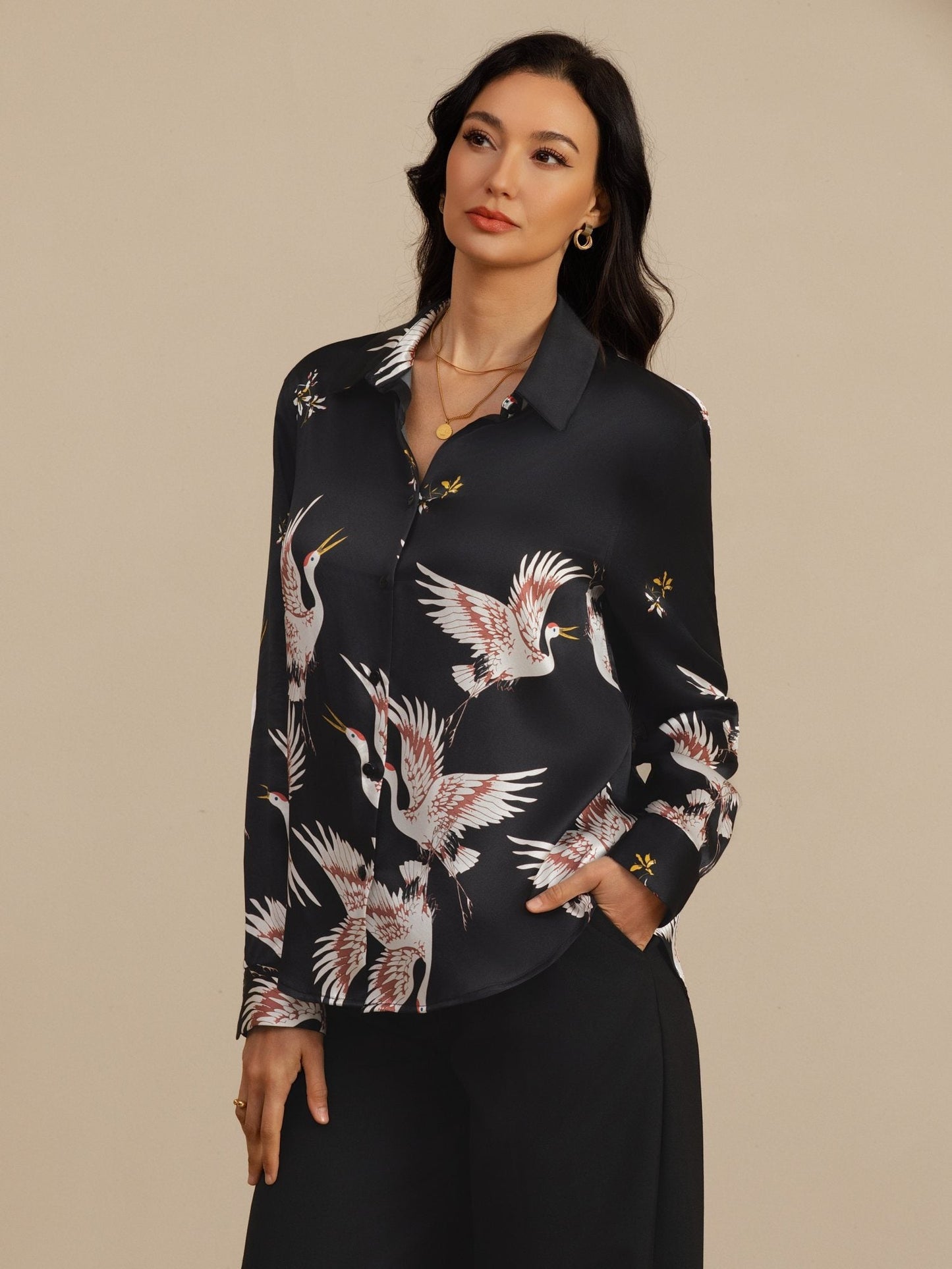 Rosstef 100% Mulberry Silk Long Sleeve Lapel Collar Women's Crane Print Button Blouse