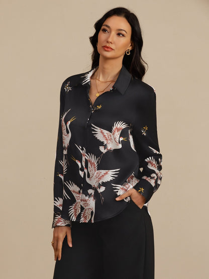 Rosstef 100% Mulberry Silk Long Sleeve Lapel Collar Women's Crane Print Button Blouse