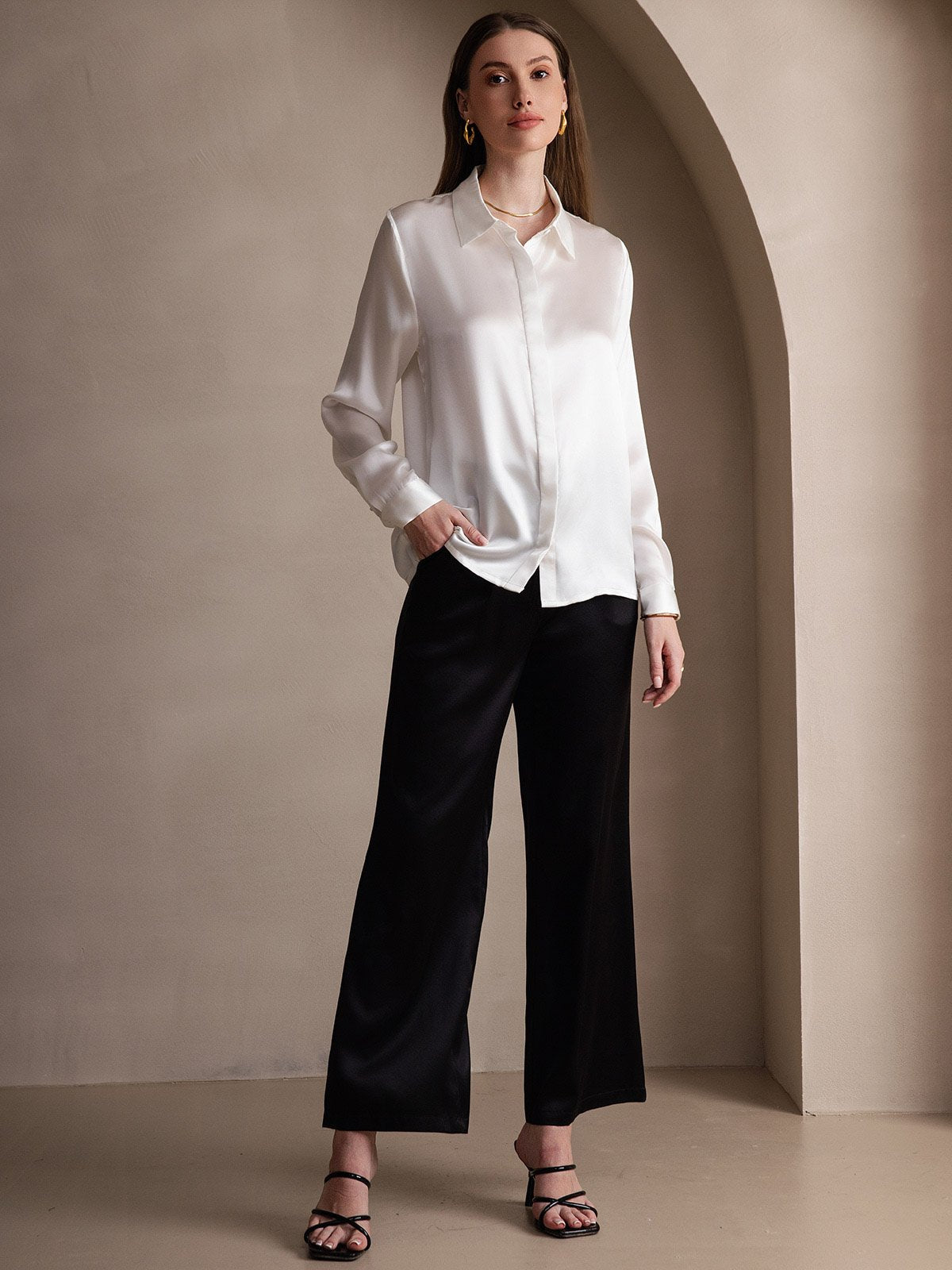 Rosstef 19Momme Silk Long Sleeve Lapel Collar Kadın Bluzu