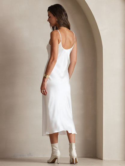 Rosstef 100% Mulberry Silk Spaghetti Strap V Neck Midi Dress