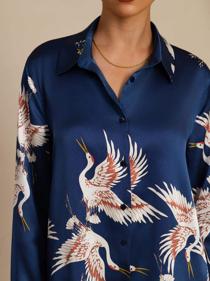 Rosstef 100% Mulberry Silk Long Sleeve Lapel Collar Women's Crane Print Button Blouse