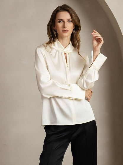 Rosstef 19Momme Silk Keyhole Neck Blouse with Pearl Buttons