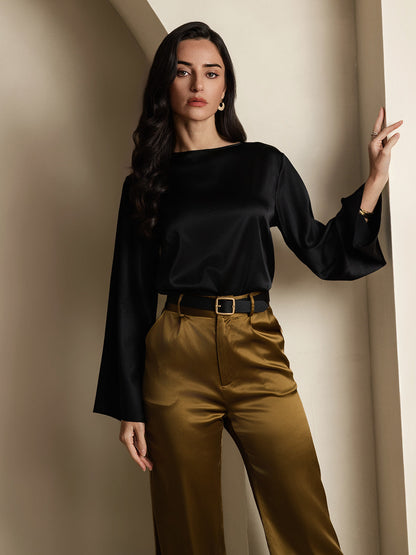 Rosstef 19Momme Silk Bell Sleeve Boat Neck Kadın Giyimi