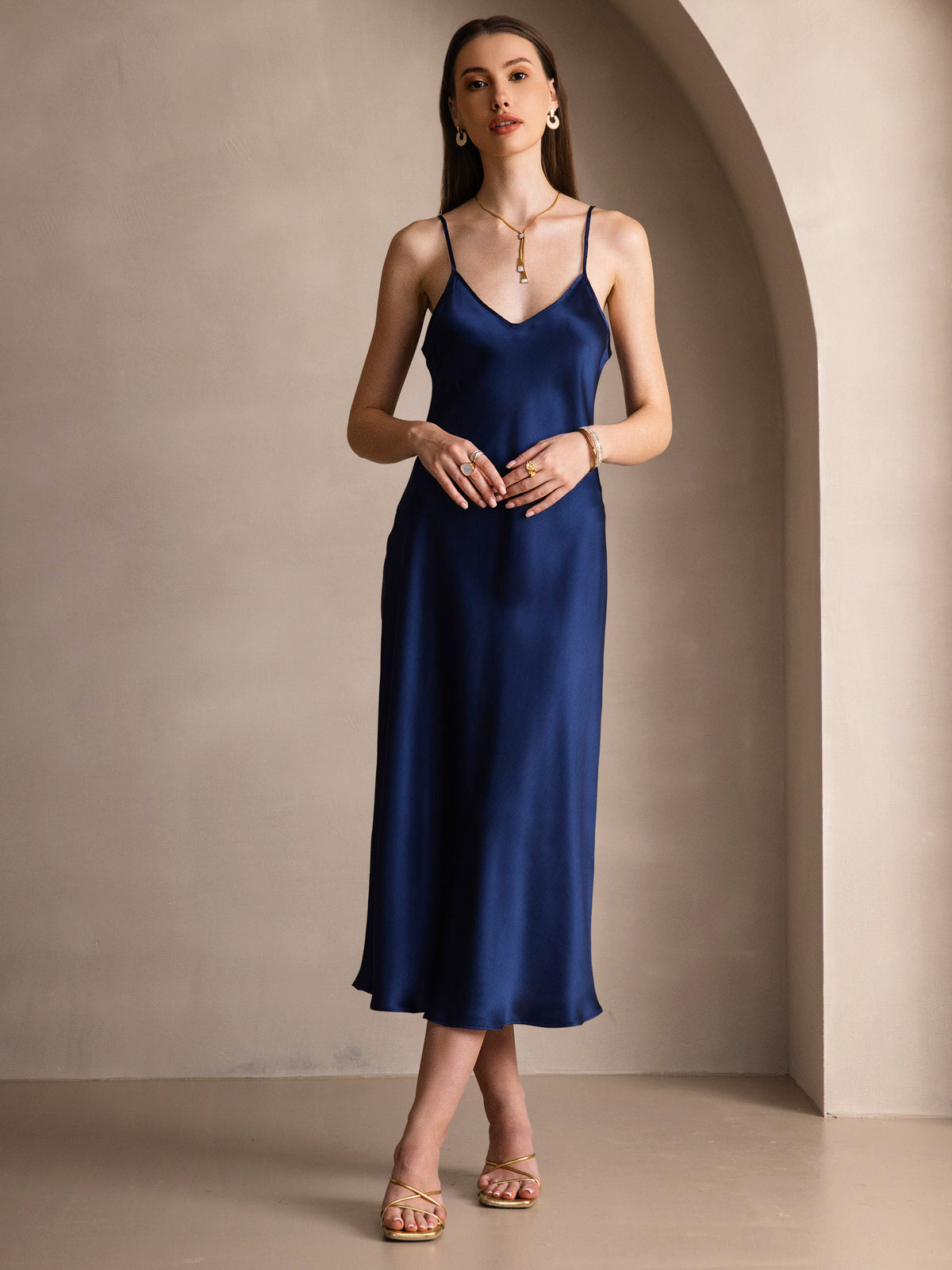 Rosstef 100% Mulberry Silk Spaghetti Strap V Neck Midi Dress