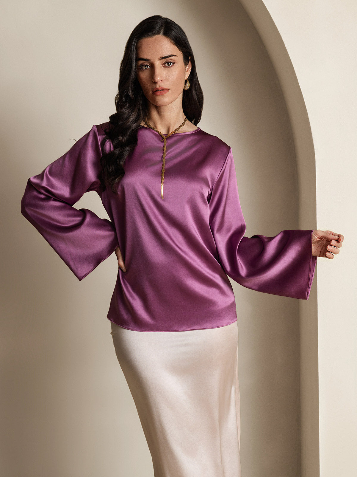 Rosstef 19Momme Silk Bell Sleeve Boat Neck Kadın Giyimi