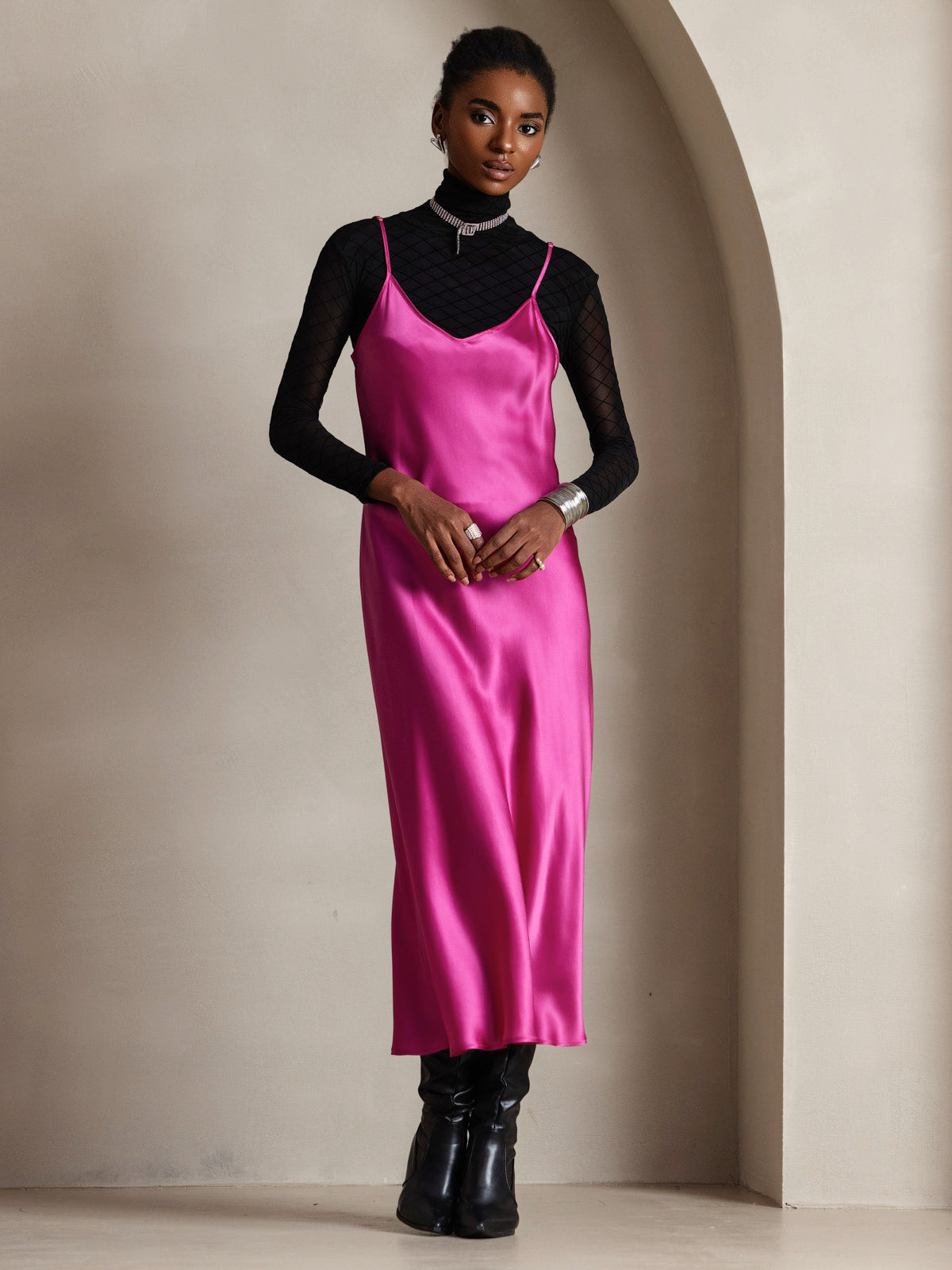 Rosstef 100% Mulberry Silk Spaghetti Strap V Neck Midi Dress
