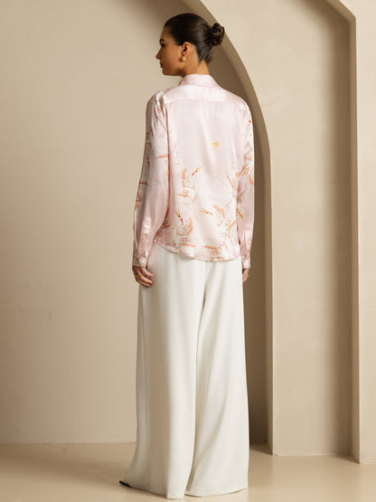 Rosstef 100% Mulberry Silk Long Sleeve Lapel Collar Women's Crane Print Button Blouse