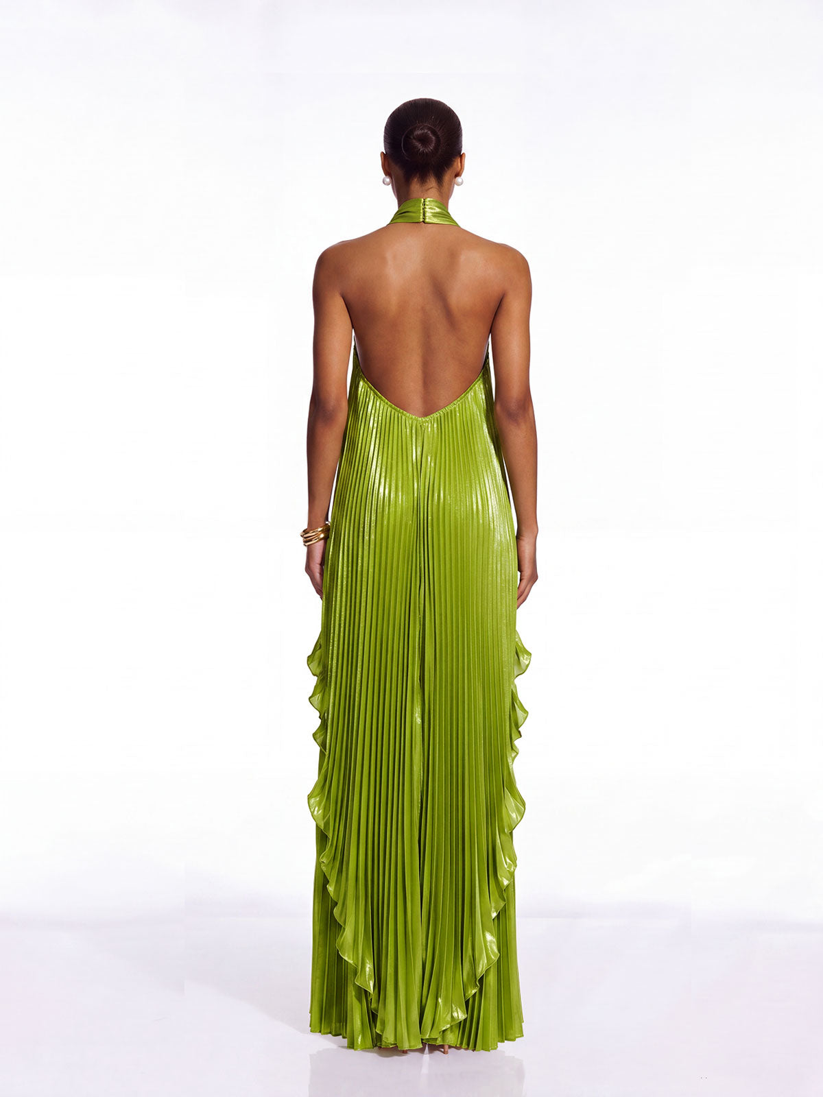 Sorynex Pleated Metallic Maxi Dress In Chartreuse