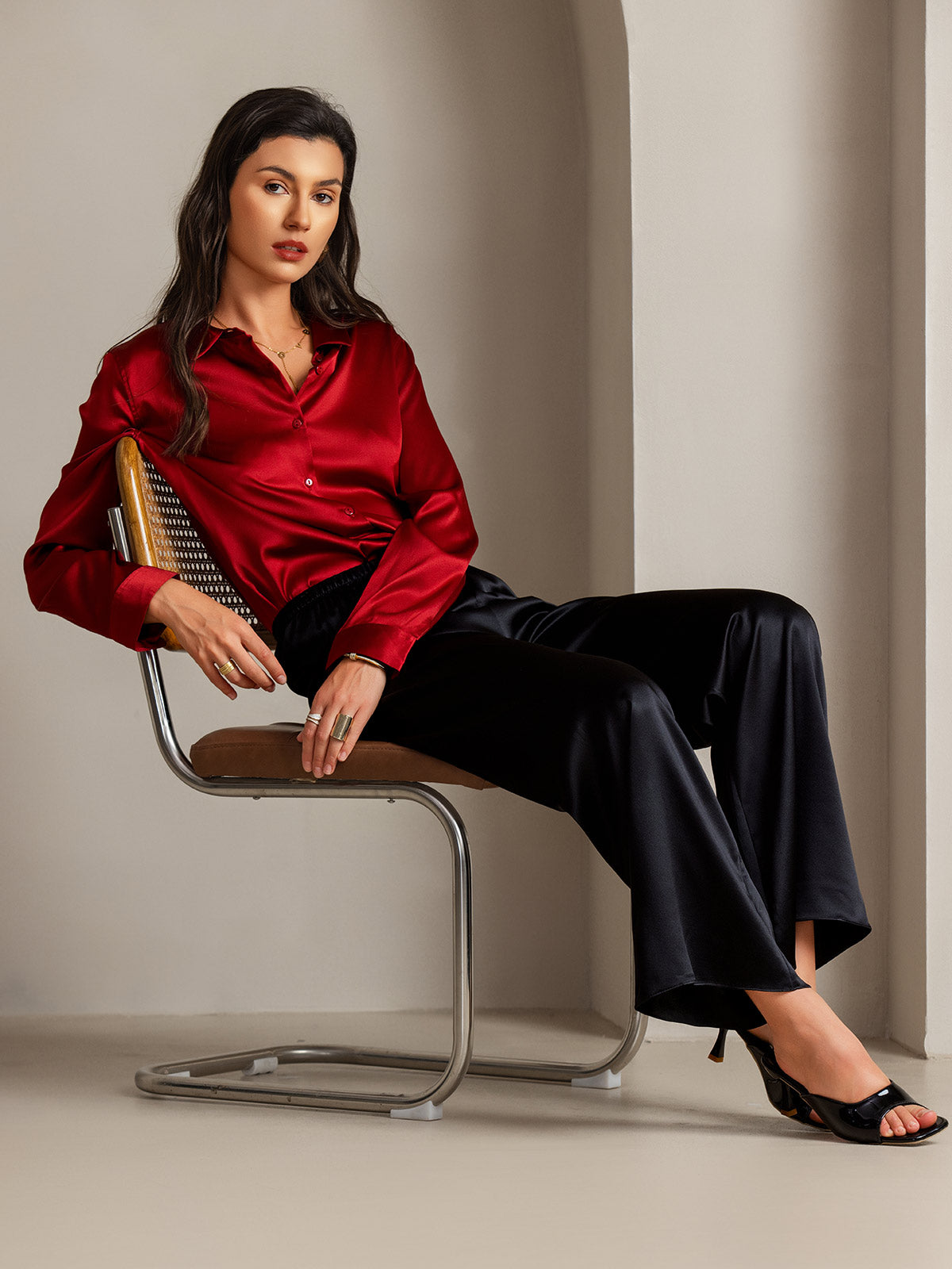Rosstef 19Momme Silk Long Sleeve Lapel Collar Kadın Giyimi