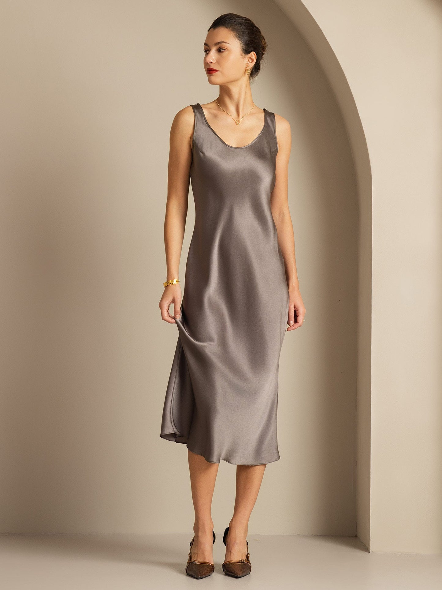 Rosstef 100% Mulberry Silk U Neck Midi Long Dress