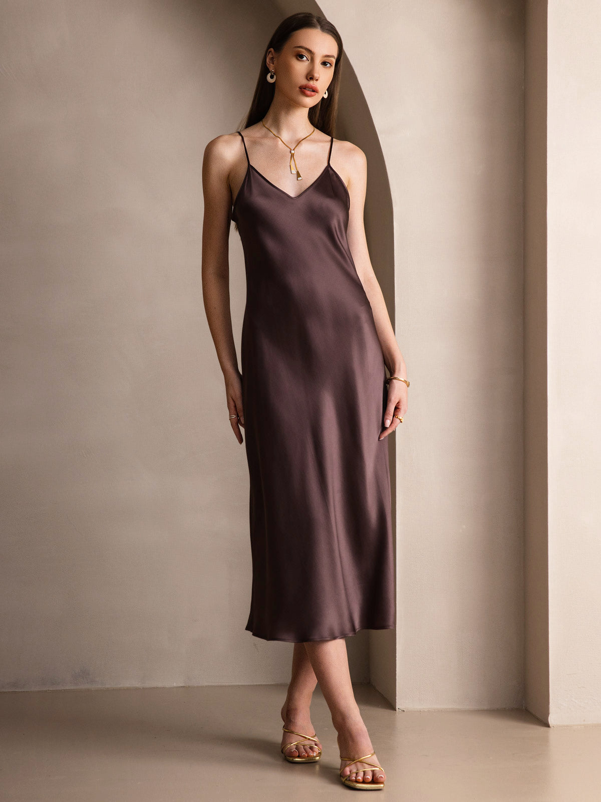 Rosstef 100% Mulberry Silk Spaghetti Strap V Neck Midi Dress