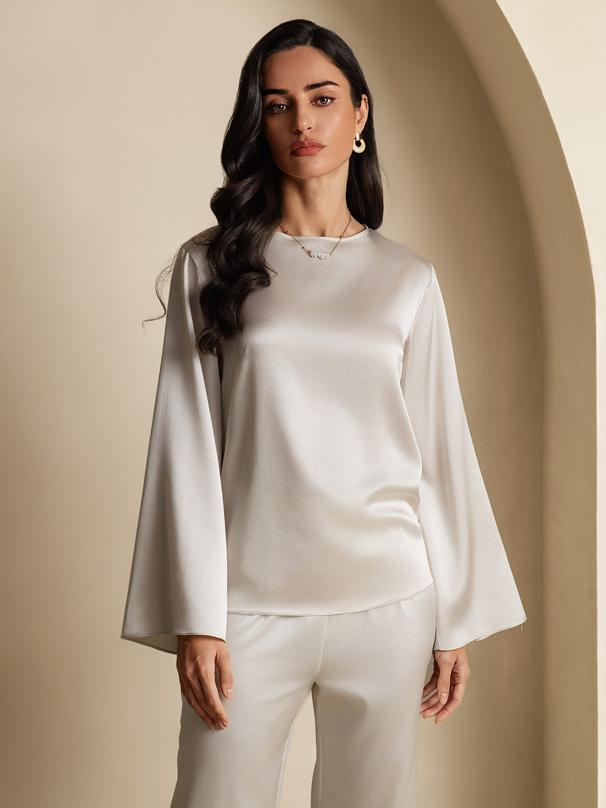 Rosstef 19Momme Silk Bell Sleeve Boat Neck Kadın Giyimi