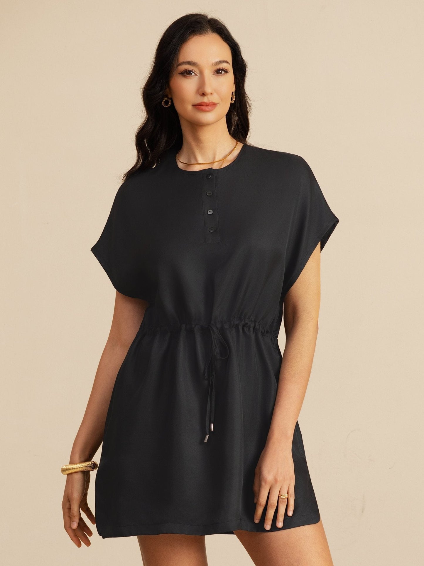 Rosstef Pure Silk Henley Neck Cap Sleeve Short Dress
