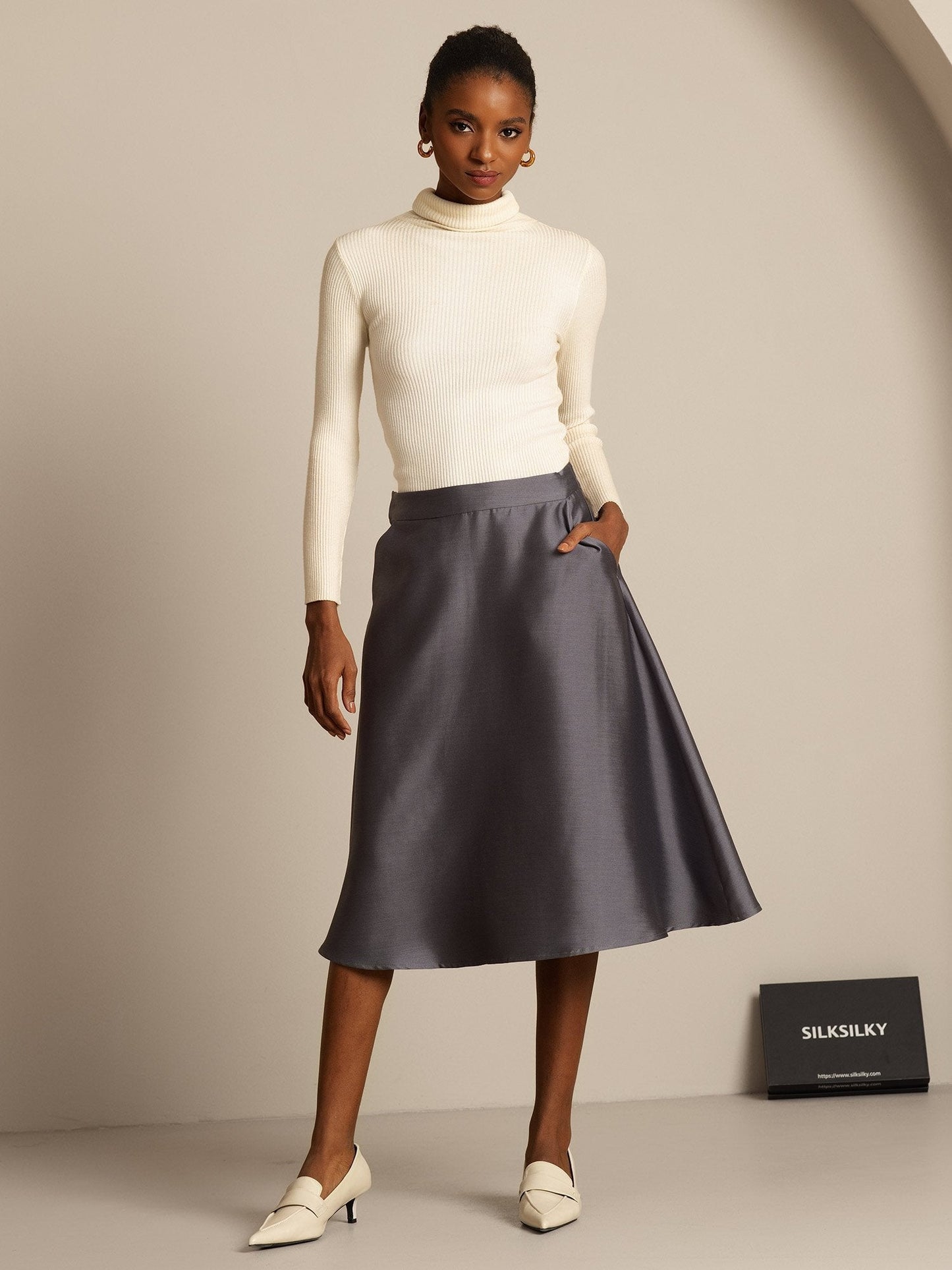 Rosstef 32Momme Silk-Wool Blend A Line Midi Skirt with Zipper Design