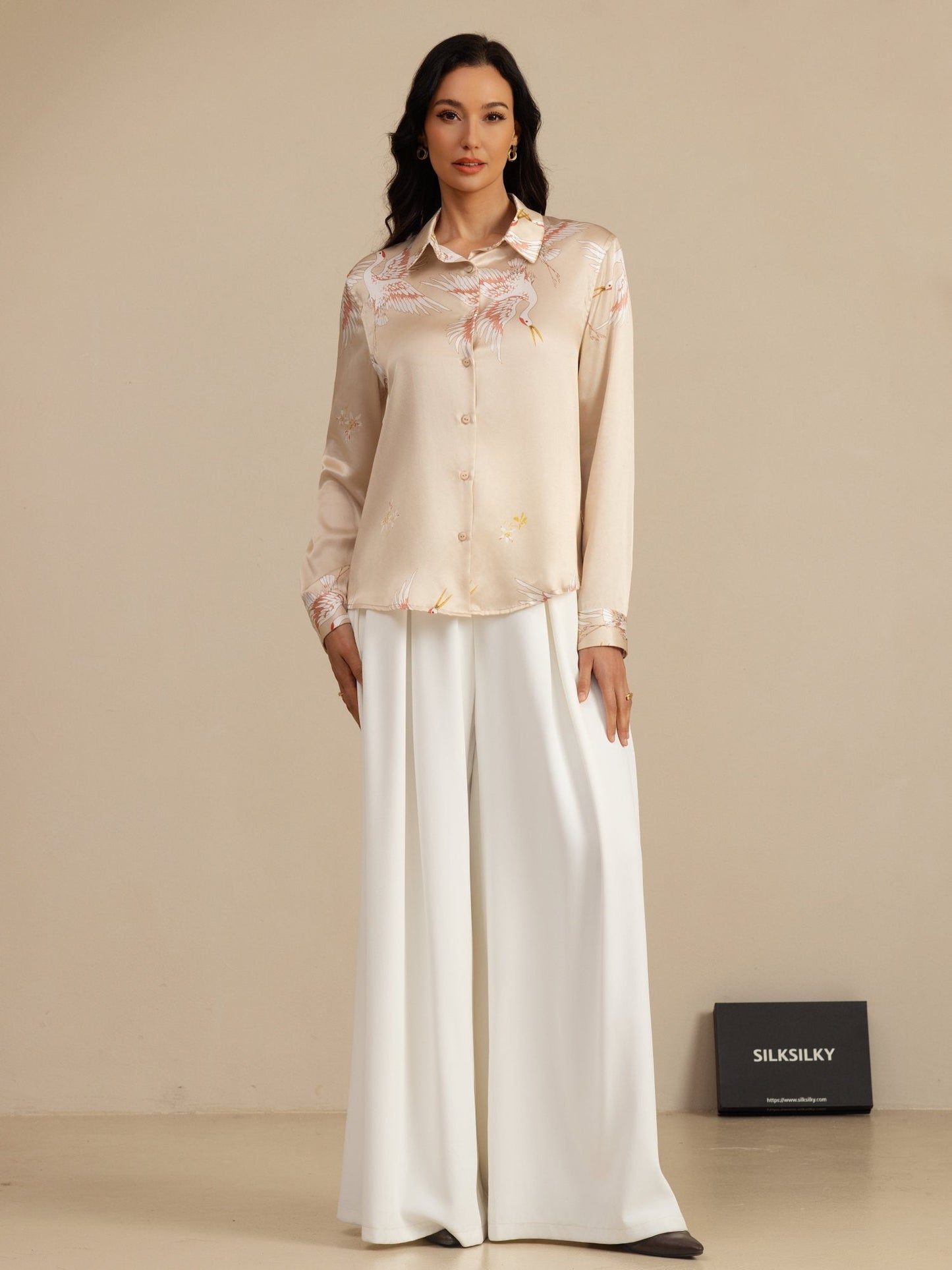 Rosstef 100% Mulberry Silk Long Sleeve Lapel Collar Women's Crane Print Button Blouse
