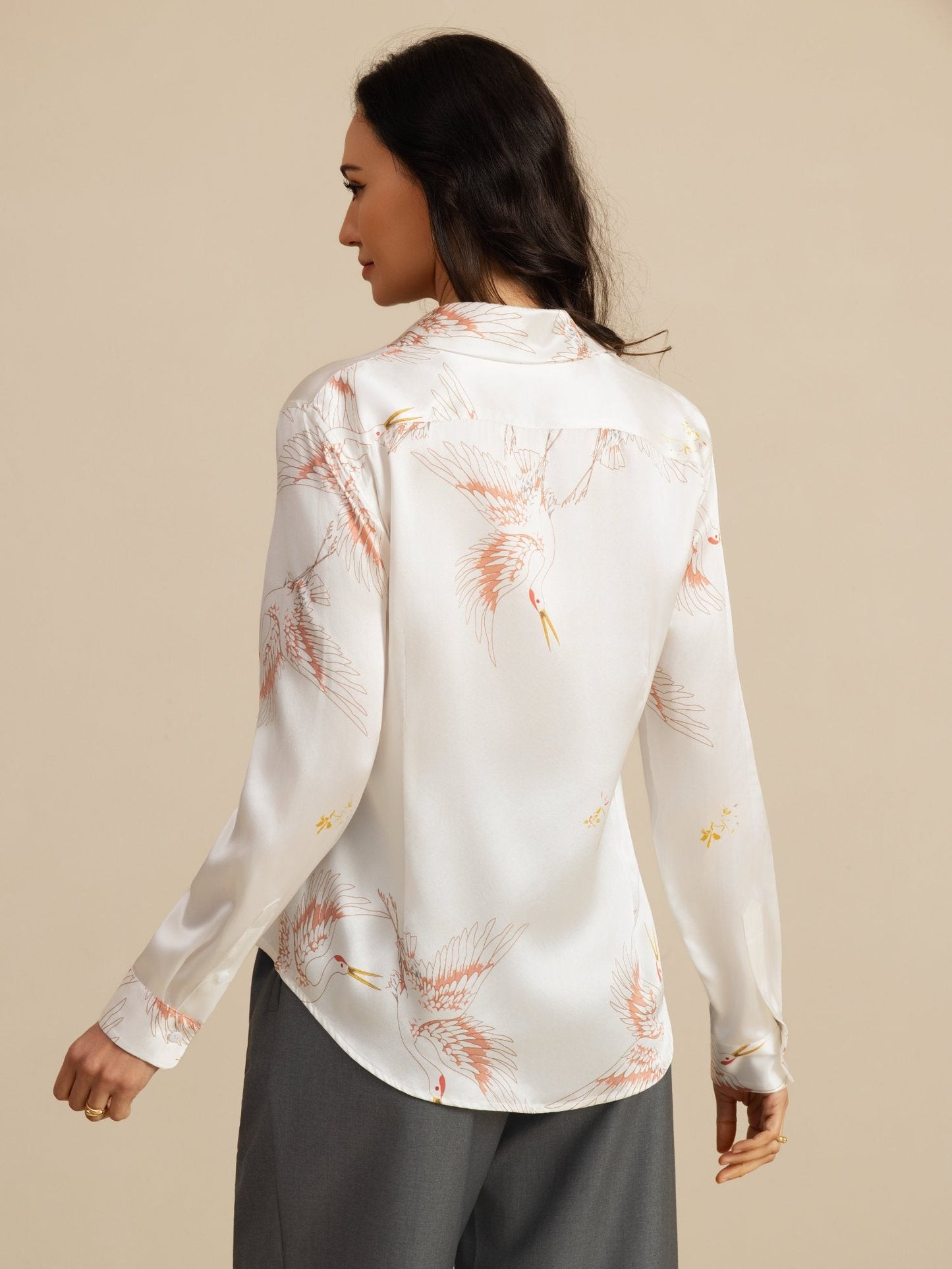 Rosstef 100% Mulberry Silk Long Sleeve Lapel Collar Women's Crane Print Button Blouse
