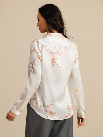 Rosstef 100% Mulberry Silk Long Sleeve Lapel Collar Women's Crane Print Button Blouse