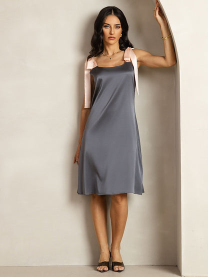 Rosstef 19Momme Silk Knee Dress with Adjustable Shoulder Ties