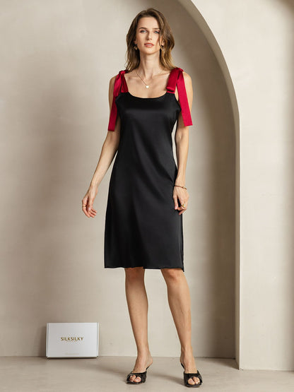 Rosstef 19Momme Silk Knee Dress with Adjustable Shoulder Ties