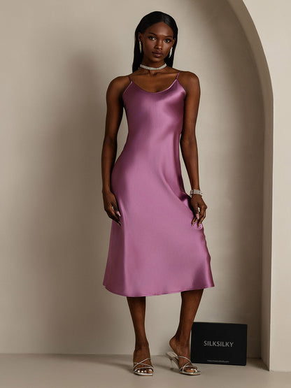 Rosstef 100% Mulberry Silk Spaghetti Strap V Neck Midi Dress