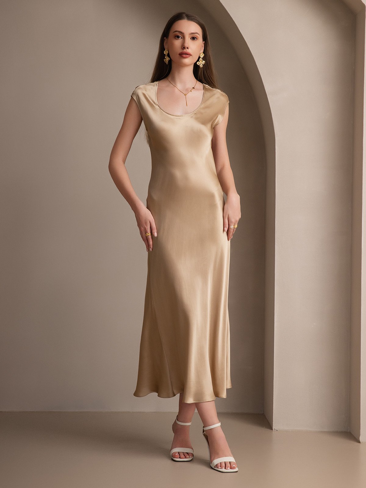 Rosstef 19Momme Silk Cap Sleeve Round Neck Midi Dress