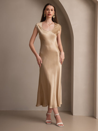 Rosstef 19Momme Silk Cap Sleeve Round Neck Midi Dress